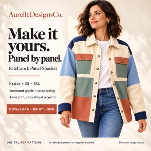Illustrative model wearing the patchwork panel shacket beside a summary of sizes XS–5XL, the illustrated guide and available printing formats.