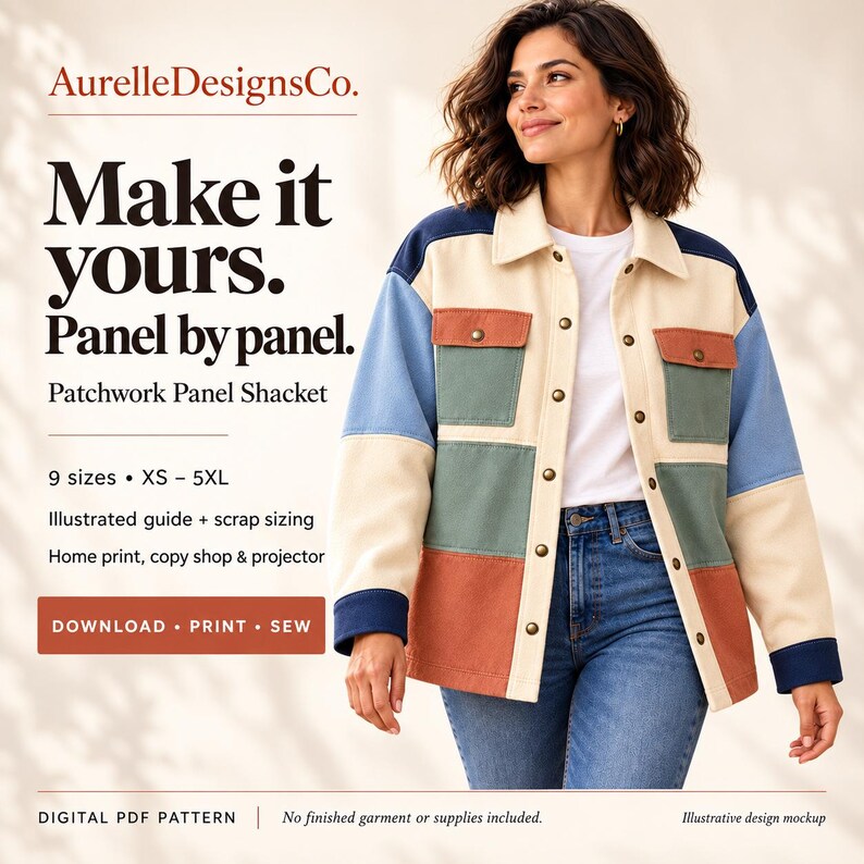 Illustrative model wearing the patchwork panel shacket beside a summary of sizes XS–5XL, the illustrated guide and available printing formats.