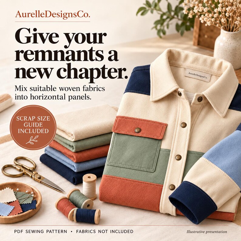 May include: A PDF sewing pattern by AurelleDesignsCo. titled Give your remnants a new chapter. The image shows a colour-blocked button-down shirt with horizontal panels in cream, navy, sage green, and rust, alongside sewing supplies.