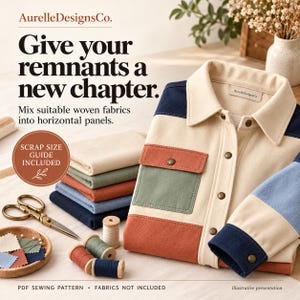 May include: A colour-blocked button-down shirt featuring horizontal panels in cream, navy blue, sage green, and terracotta. The shirt has a collar, a chest pocket, and metal buttons. Nearby are sewing scissors, thread spools, and fabric scraps.