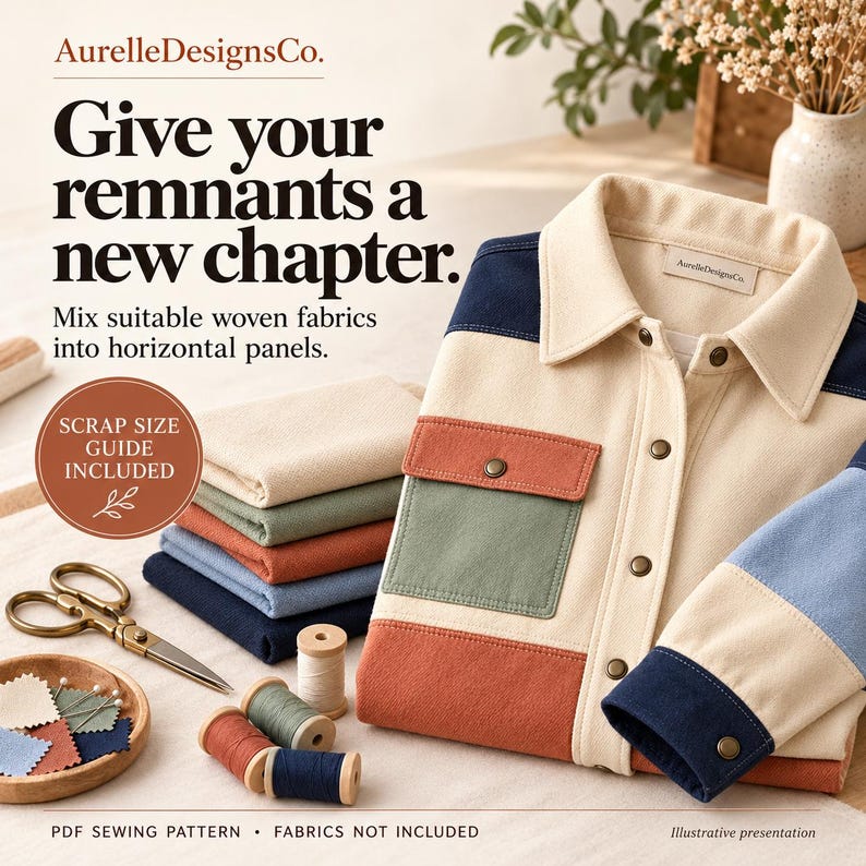 May include: A colour-blocked button-down shirt featuring horizontal panels in cream, navy blue, sage green, and terracotta. The shirt has a collar, a chest pocket, and metal buttons. Nearby are sewing scissors, thread spools, and fabric scraps.