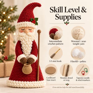 Digital crochet pattern promotional graphic showing the red Father Christmas doll, stylized document mockups, US and UK terminology labels, and a project tracker illustration.