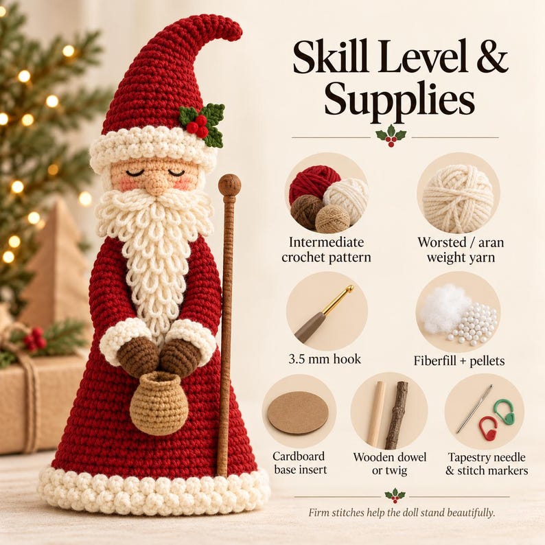 Digital crochet pattern promotional graphic showing the red Father Christmas doll, stylized document mockups, US and UK terminology labels, and a project tracker illustration.