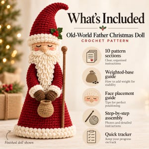 Festive digital lifestyle rendering of a red crocheted Father Christmas doll displayed on a wooden Christmas mantel among greenery, candles, soft fairy lights and wrapped presents.