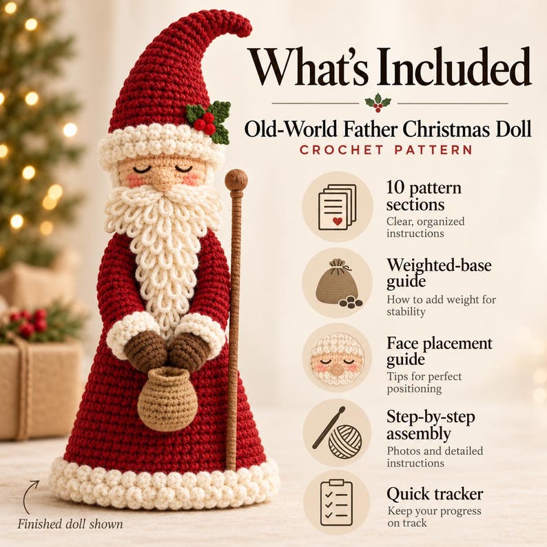 Festive digital lifestyle rendering of a red crocheted Father Christmas doll displayed on a wooden Christmas mantel among greenery, candles, soft fairy lights and wrapped presents.