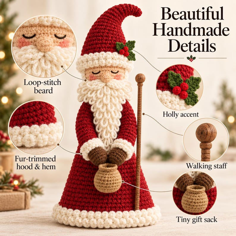 Six illustrated color variations of the same crocheted Father Christmas doll, including red, forest green, burgundy, midnight blue, winter white and woodland brown robes.