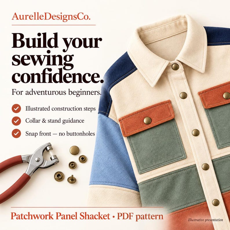 Adventurous-beginner sewing project presentation highlighting illustrated steps, collar stand construction and snap fastening, with sewing tools.
