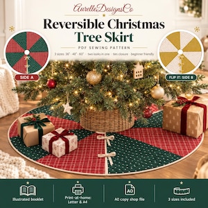 May include: A reversible Christmas tree skirt PDF sewing pattern by AurelleDesignsCo. The skirt features a red and green plaid and polka dot design with tie closures. Includes 3 sizes: 36, 48, and 60 inches. The pattern includes an illustrated booklet, letter, A4, and A0 copy shop files.