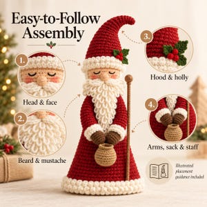 Illustrated measurement graphic of Father Christmas crochet doll showing approximately 10 inches or 25 cm in height, a 3-inch base and a close-up concept of the weighted base.