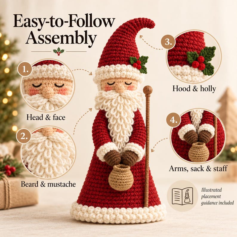 Illustrated measurement graphic of Father Christmas crochet doll showing approximately 10 inches or 25 cm in height, a 3-inch base and a close-up concept of the weighted base.