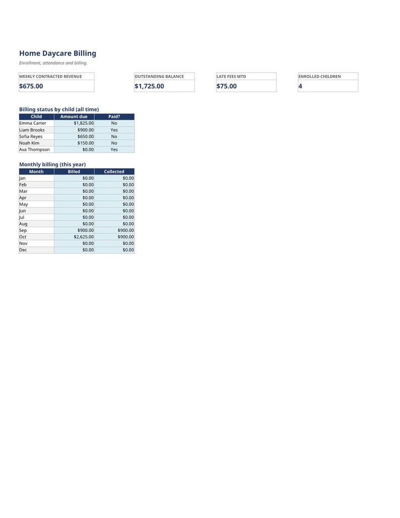 Home Daycare Billing Spreadsheet | Childcare Attendance Tracker | Excel ...