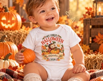 Personalized First Halloween Baby Bodysuit, Custom Name Ladybug Pumpkin Outfit, Vintage Storybook Newborn Gift, Gender Neutral 2026