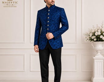 Groom Suit for Men, Royal Blue Brocade Wedding Jacket, Luxury Victorian Formalwear, Custom Tailored Suit