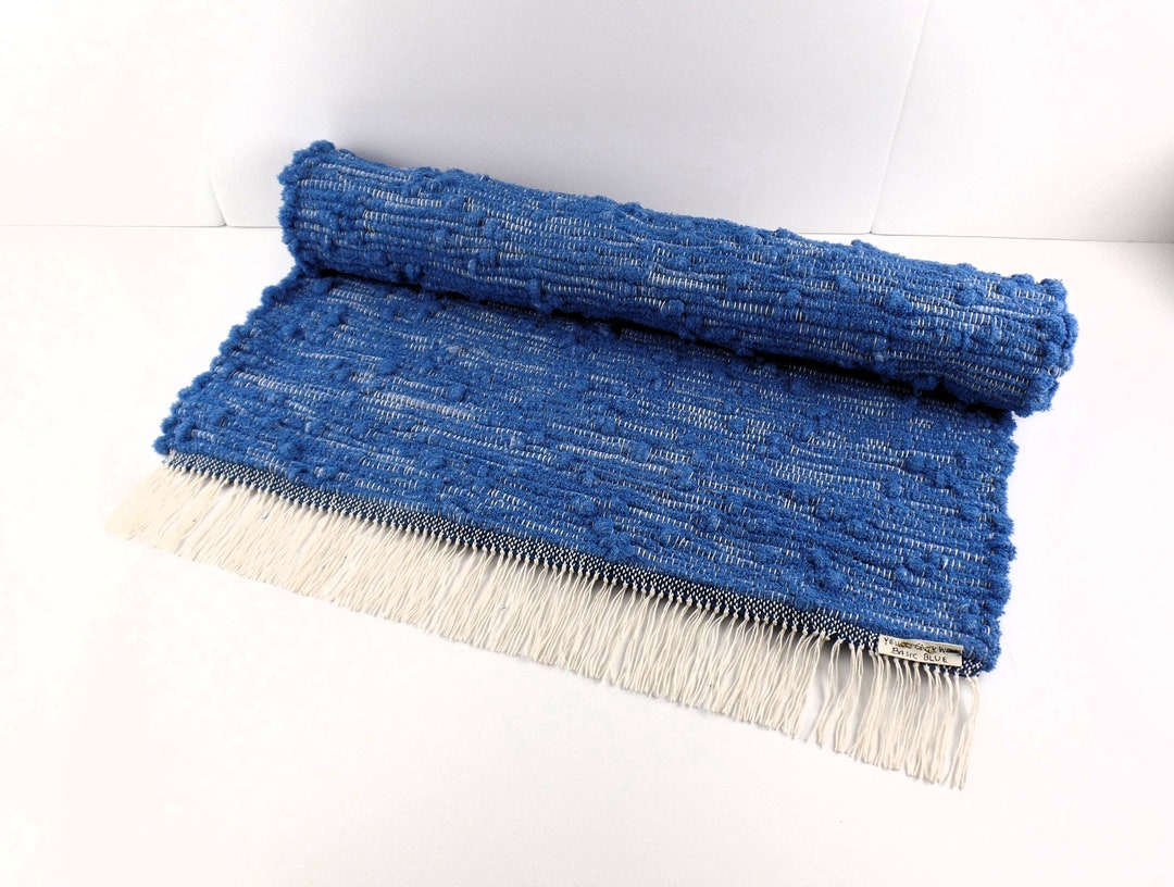Light Blue Rag Rug Basic Blue, Handwoven Blue Rag Rug With Fringe: USA Sourced, Machine ...