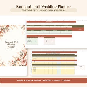 May include: A digital wedding planner set featuring a cover page with floral illustrations and the text Romantic Fall Wedding Planner, alongside two spreadsheet views showing a wedding dashboard and a budget tracker with tables.