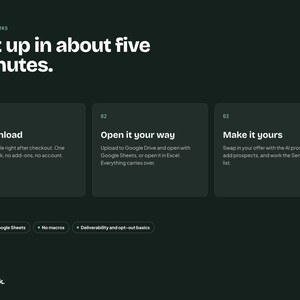 K&ouml;nnte beinhalten: Eine dunkelgr&uuml;ne Infografik mit dem Titel How it works, Set up in about five minutes. Sie zeigt drei Schritte: 01 Download, 02 Open it your way und 03 Make it yours. Die unteren Tags enthalten Excel + Google Sheets, No macros und Deliverability and opt-out basics.