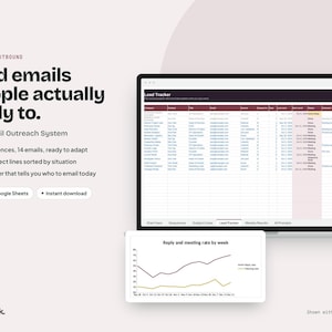 K&ouml;nnte beinhalten: Ein digitales Kaltakquise-System f&uuml;r E-Mails auf einem Laptop-Bildschirm, das eine Lead-Tracking-Tabelle und ein Liniendiagramm zur Antwortrate zeigt. Der Text enth&auml;lt "Cold emails people actually reply to", "4 sequences", "48 subject lines" und "Excel + Google Sheets".