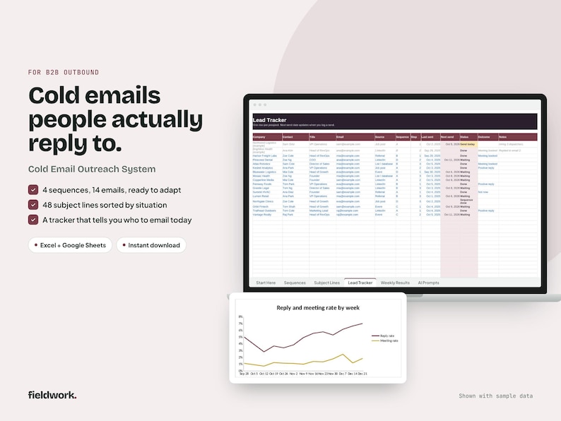 K&ouml;nnte beinhalten: Ein digitales Kaltakquise-System f&uuml;r E-Mails auf einem Laptop-Bildschirm, das eine Lead-Tracking-Tabelle und ein Liniendiagramm zur Antwortrate zeigt. Der Text enth&auml;lt "Cold emails people actually reply to", "4 sequences", "48 subject lines" und "Excel + Google Sheets".