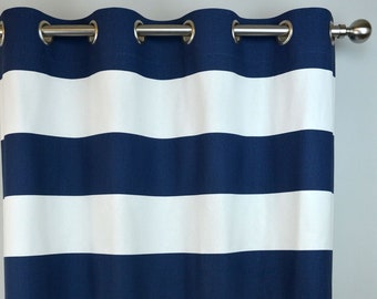 Navy White Horizontal Stripe Curtains - Cabana Grommet Top - 84 96 108 or 120 Long by 24 or 50 Wide - Optional Blackout Cotton Lining