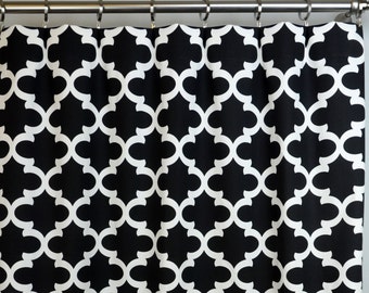 Ready To Ship - 3 Panels 50W x 84L  Rod Pocket with Blackout Lining in Black and White Fynn Quatrefoil Moroccan Lattice Trellis Print