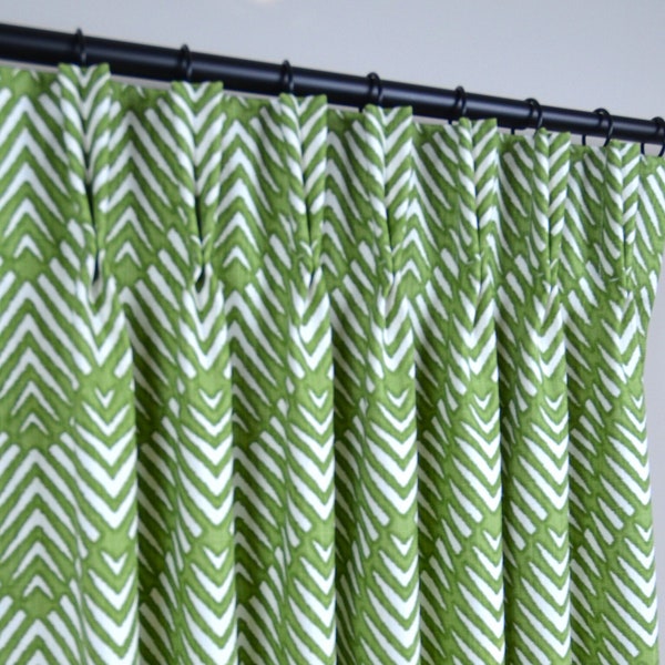 3 Colors- Pinch Pleat Curtains in Javier Kale Slub linen Green and White - Lining  Options Available, Blackout, Cotton, Dimout