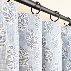 Pair Rod Pocket Top Curtains in Perry Stonewash Blue on Natural Heavy Cotton Linen- Lining Options, Cotton, Dimout, Blackout, Napped