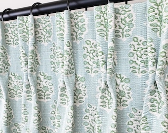 Pair Pinch Pleat Curtains in  Perry Tendril Green on Natural Cotton Linen 4  Lining  Options Available: Blackout, Cotton, Dimout, Napped.