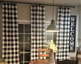 Black and White Buffalo Check Curtains - Rod Pocket - Options for Cotton and Blackout Lining