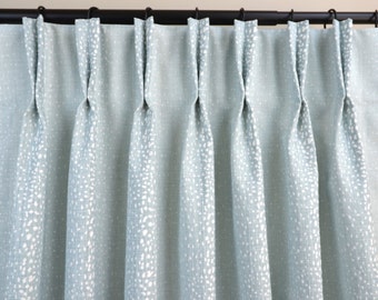 7 Colors- Pinch Pleat Curtains in Antelope Mineral Blue Slub Blend - Lining  Options Available, Blackout, Cotton, Dimout