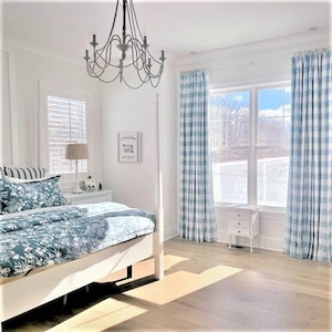 Cashmere Blue & White Buffalo Check Curtains -Rod Pocket - Widths- 24", 50", 73". 100" - Lining Options Available.