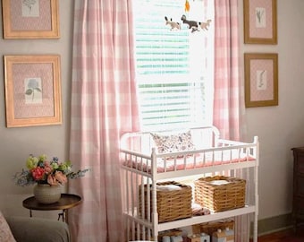 34 Colors - Pinch Pleat in Bella Pink Buffalo Check Curtains - Lining Available, Blackout, Cotton, Dimout
