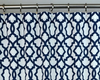 Ready To Ship - (2 Panels) Each 24W x 86L-  Navy Blue and White Sheffield Trellis with Napped Sateen Lining