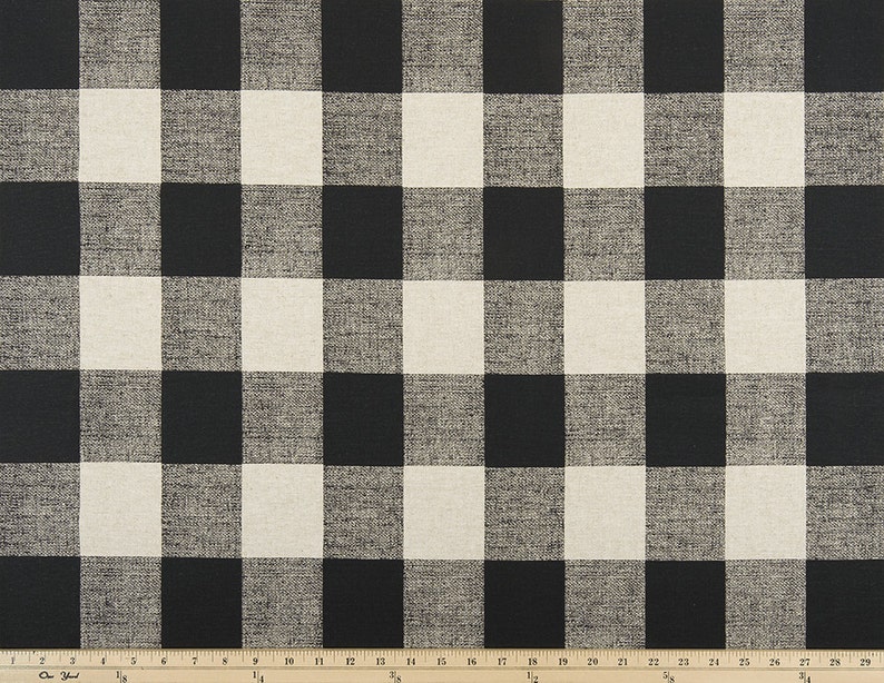 Grommet Top Black And Tan Linen Buffalo Check Curtains Image 0