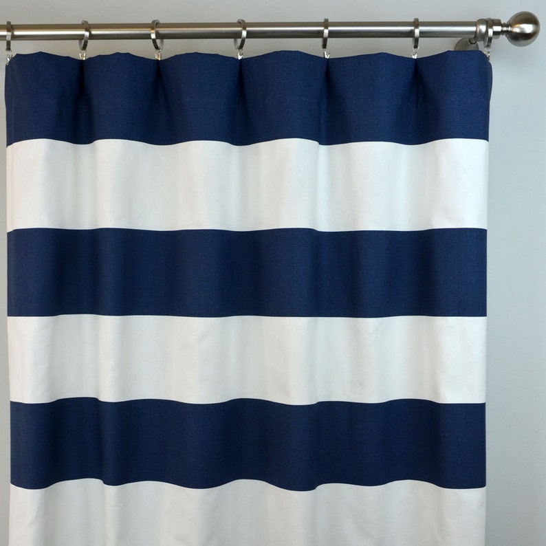 Navy Blue White Cabana Horizontal Stripe Curtains Rod Pocket Image 0