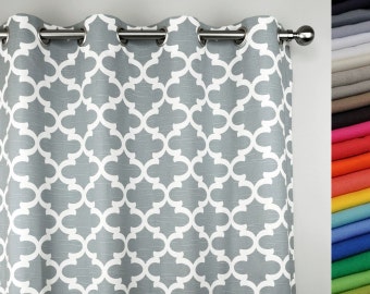 Ready To Ship (2) 50W x 84L Grommet Curtains with Napped Sateen Lining- Ash Gray and Creamy White Fynn Print