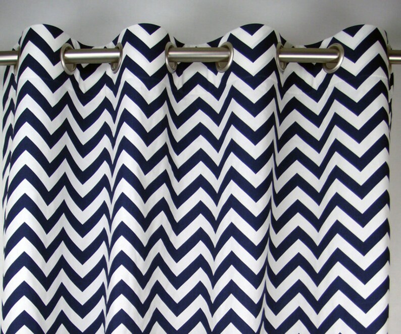 Navy Blue White Chevron Zig Zag Geometric Curtains Grommet Etsy