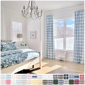 32 Colors- Rod Pocket Top- Cashmere or Weathered  Blue & White Buffalo Check Curtains- Lining Options Available - Cotton, Dimout, Blackout