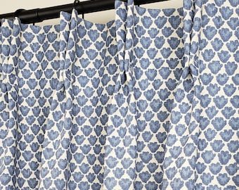 Pair Pinch Pleat Curtains in  Benton Stonewash Blue on Natural Heavy Cotton Linen 4  Linings Available: Blackout, Cotton, Dimout, Napped .