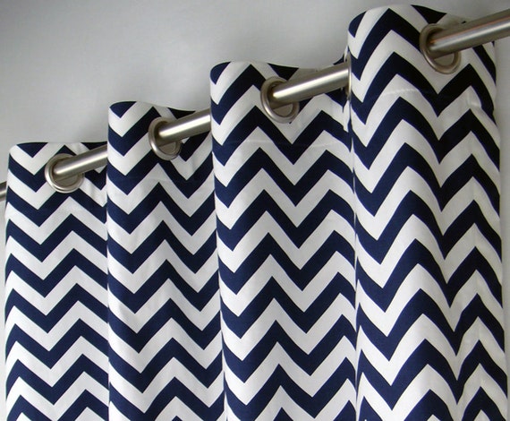 Navy Blue White Chevron Zig Zag Geometric Curtains Grommet Etsy