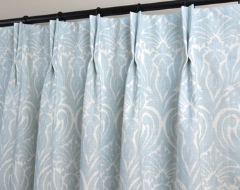 4 Colors- Pinch Pleat Curtains in Joash Damask Mineral Blue Slub Blend - Lining  Options Available, Blackout, Cotton, Dimout