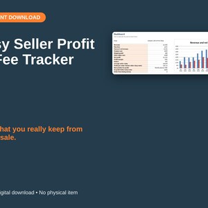 May include: A digital Etsy Seller Profit & Fee Tracker spreadsheet template on a dark blue background. The interface displays a dashboard with a financial data table and a bar chart showing monthly revenue and net profit metrics.