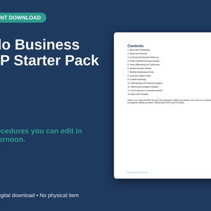 Può includere: Un documento digitale intitolato Solo Business SOP Starter Pack che presenta un elenco di 12 procedure, tra cui l'onboarding di nuovi clienti, preventivi, fatturazione, avvio di progetti e un modello SOP vuoto da modificare.