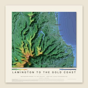 May include: A topographic map titled Lamington to the Gold Coast, showing the McPherson Range to the Pacific. The map features green and orange elevation contours, blue ocean depths, and labels for locations like Surfers Paradise and Lamington.