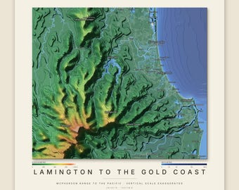 Könnte beinhalten: Eine topografische Karte mit dem Titel Lamington to the Gold Coast, die die McPherson Range bis zum Pazifik zeigt. Die Karte enthält grüne und orangefarbene Höhenlinien, blaue Meerestiefen und Beschriftungen für Orte wie Surfers Paradise und Lamington.