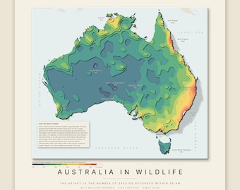 Könnte beinhalten: Eine topografische Karte mit dem Titel Australia in Wildlife, die die Artenvielfalt auf dem Kontinent darstellt. Die Karte verwendet einen Farbverlauf von Dunkelblau bis Rot, um die Anzahl der innerhalb von 50 km erfassten Arten anzuzeigen.