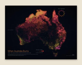 Könnte beinhalten: Eine dunkel gestaltete Karte mit dem Titel When Australia Burns, die zweiundzwanzig Jahre Satelliten-Feuererkennungen von 2003 bis 2024 zeigt. Die Karte verwendet ein hexagonales Raster mit leuchtenden roten, orangen und gelben Punkten.
