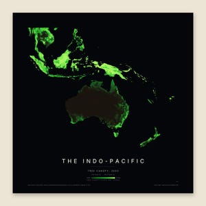 May include: A square map print titled THE INDO-PACIFIC, displaying tree canopy data from 2000. The map features bright green landmasses against a solid black background, with a colour scale at the bottom indicating canopy density levels.