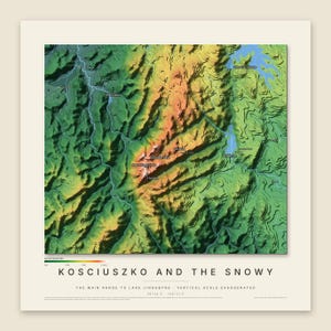 May include: A topographic map titled KOSCIUSZKO AND THE SNOWY, showing the Main Range to Lake Jindabyne. The map features a color-coded elevation scale from 500 to 2200 meters, with green, yellow, and orange terrain shading and labeled locations.