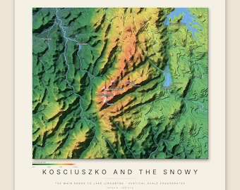 Könnte beinhalten: Eine topografische Karte mit dem Titel KOSCIUSZKO AND THE SNOWY, die die Main Range bis zum Lake Jindabyne zeigt. Die Karte enthält eine farbcodierte Höhenskala von 500 bis 2200 Metern mit grüner, gelber und orangefarbener Geländeschattierung.