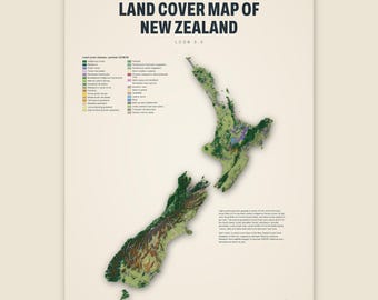 Könnte beinhalten: Eine Landbedeckungskarte von Neuseeland mit einer detaillierten satellitenartigen Darstellung der Nord- und Südinsel. Das Poster enthält eine umfassende Legende der Landbedeckungsklassen, den Titel LCDB 5.0 und beschreibende Textblöcke.